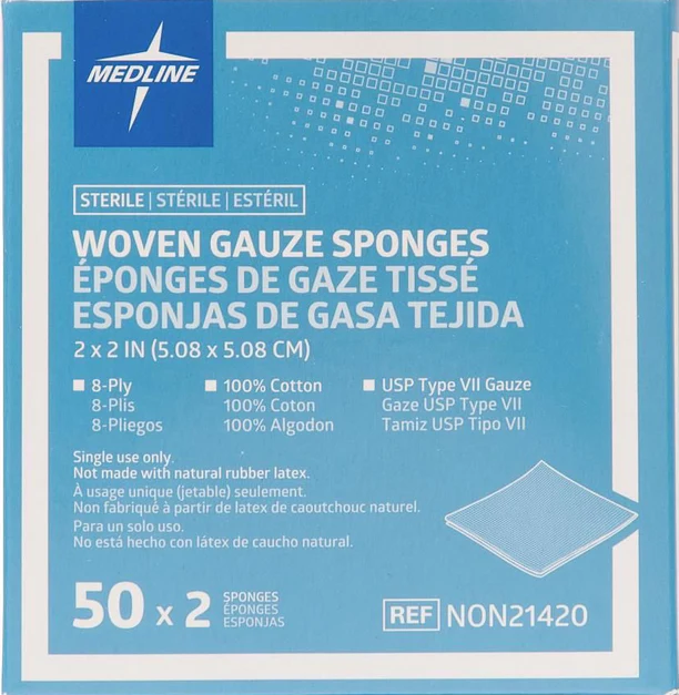 Medline Caring Sterile Woven Cotton Gauze Sponges, 8-Ply, 2 x 2 Inch, Packaged in 2-Packs, Box of 100 Sponges - Image 3